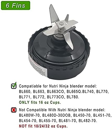 6 Fins Blender Extractor Blade Assembly Fits for Ninja 16oz Cup Replacement Compatible with Nurti Ninja BL660 BL663 BL663CO BL665Q BL770 BL770A BL771 BL771C BL772 BL773CO BL780 BL740