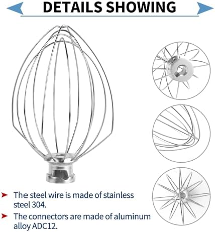 6 Wire Whisk Attachments Compatible with KitchenAid 5-6Quart Mixer, Bowl Lift Stand Mixer Accessories, 6-Quart Stainless Steel Whisk, Egg Cream, Cake Mayonnaise, For Multiple Models