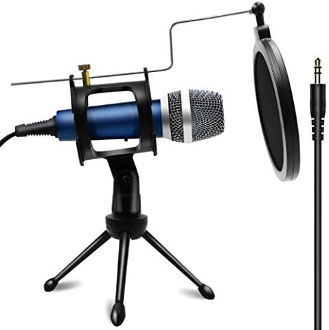 Blue Condenser Recording Microphone 3.5mm Plug and Play PC Microphone, Broadcast Microphone for Computer Desktop Laptop MAC Windows Online Chatting Podcast Skype YouTube Game（Blue