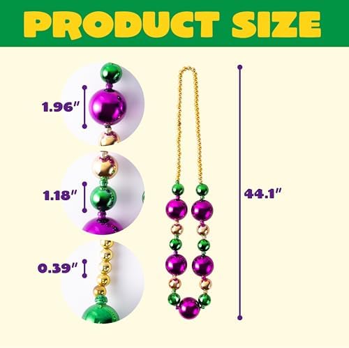 JOYIN 3 Pcs Mardi Gras Jumbo Bead Necklaces, 44'' Gold Green Purple Necklaces Beads for Mardi Gras Parade Decorations Party Favors Supplies, Costume Outfit Accessories