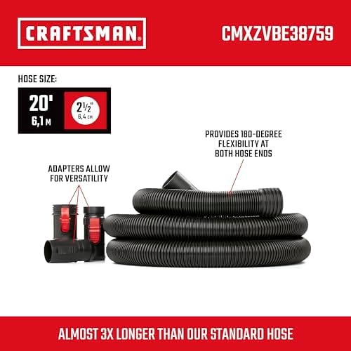 CRAFTSMAN CMXZVBE38759 2-1/2 in. x 20 ft. POS-I-LOCK Wet Dry Vac Hose Attachment Kit, Industrial-Grade Shop Vacuum Replacement Hose, Fits Most Wet/Dry Vacuums with a 2-1/2 in. Diameter