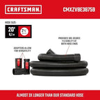 CRAFTSMAN CMXZVBE38759 2-1/2 in. x 20 ft. POS-I-LOCK Wet Dry Vac Hose Attachment Kit, Industrial-Grade Shop Vacuum Replacement Hose, Fits Most Wet/Dry Vacuums with a 2-1/2 in. Diameter