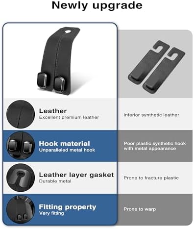 Car Hooks for Headrest, 2PCS Car Purse Hooks Luxurious leather 100% Metal Car Hangers for Seat Multifunctional Car Bag Hook Car Seat Back Storage Hook Accessories (Black)