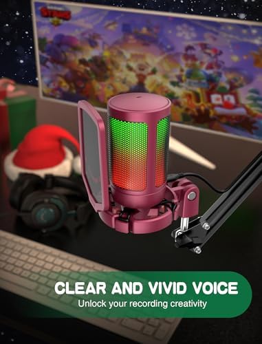 FIFINE AmpliGame PC Gaming Streaming USB Microphone, RGB Desktop Microphone for Computer/Mac/PS4/PS5, Podcast, Recording, TikTok, Game Chat, Condenser Mic with Pop Filter, Shock Mount - Red