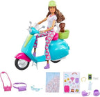 Barbie Fashionistas Doll & Scooter, Travel Playset with Stickers, Pet Puppy & Themed Accessories Like Map & Camera (Amazon Exclusive)