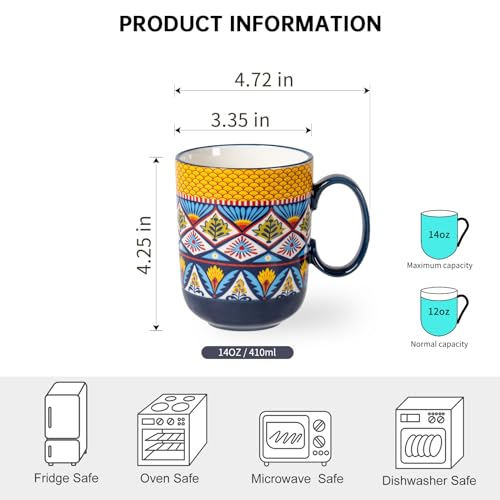 HENXFEN LEAD Coffee Mugs Set 14 Ounce - Multicolor Porcelain Cups for Latte, Hot Tea, Cappuccino, Cocoa, Soup, Dishwasher, Microwave Safe, Christmas Gift Set of 6 - Bohemian Style