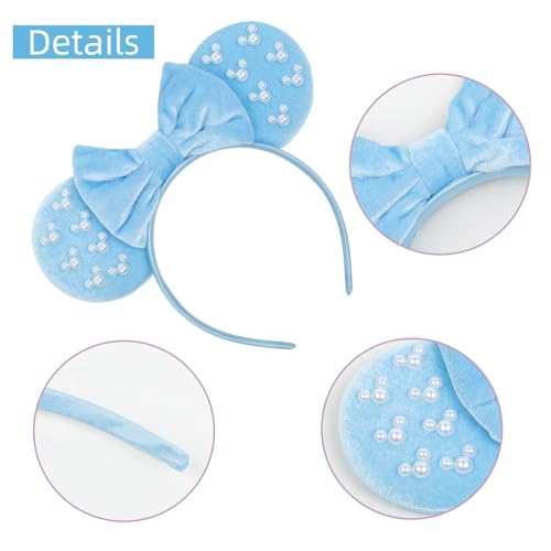 WOVOWOVO Mouse Ears Headbands for Women Blue Bow Pearl Hairbands Velvet Headband Hair Accessories