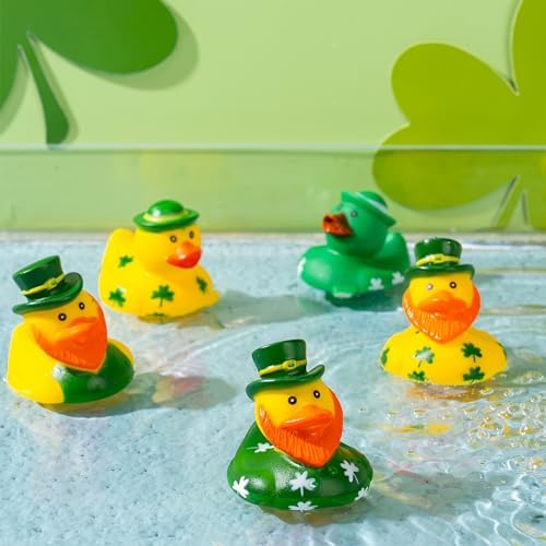 JOYIN 24 Pcs St.Patrick's Day Rubber Ducks, Green Rubber Lucky Ducks with Hats & Shamrock Patterns, Small Kid Bath Toys, St Patrick Gifts for Kids, Party Favors & Decorations