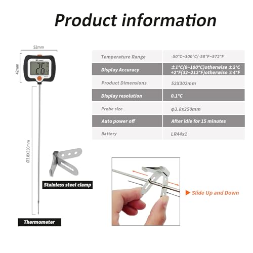 KT THERMO Digital Candy Thermometer, LCD Instant Read Food Meat Thermometer with 10" Probe and Pot Clip for Candy Making, Kitchen Accessories, Baking Tools（Black）