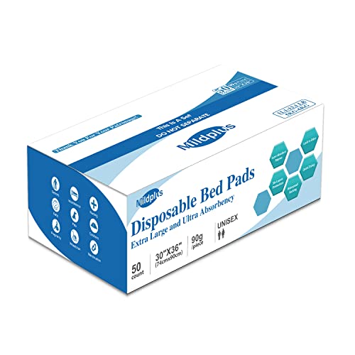 MILDPLUS Disposable Bed Pads 30“X36” (50pcs) Extra Large Underpads for Incontinence Disposable Pads for Adult, Bedwetting Child or Pets (90g/Piece, 7g SAP)