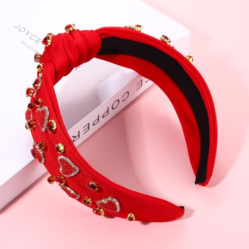 YAHPERN Valentine’s Day Headband for Women Red Pink Heart Knotted Headband Jeweled Rhinestone Crystal Wide Top Knot Hairband Valentine’s Day Hair Accessories Holiday Gifts (Red)