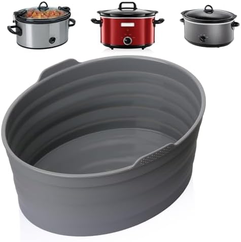 Slow Cooker Liners, Foldable Reusable Silicone Cooking Liners Compatible with Crock-Pot & Hamilton Beach Oval 6 QT, Leakproof Dishwasher Safe Slow Cooker Accessories for Most Oval Shape 1 PCS Grey