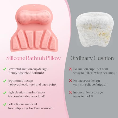 Bath Pillow Luxury Bathtub Pillow, Bath Pillows for Tub Head Neck and Back Support, Non-Slip Soft Silicon Bath Tub Pillow with Strong Suction Cup, Bath Accessories Spa Gifts, Pink