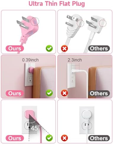 6 USB(3 USB C) Pink Power Strip- 5Ft Pink Extension Cord with 6 USB Charging Station 24W/4.8A and 3 Outlets, Pink Desk Accessories for Cruise Travel Pink Cute Kawaii College Dorm Desk Home Essentials