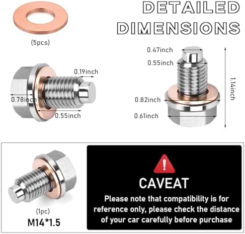 M14×1.5 Magnetic Oil Drain Plug, Aluminum Stainless Steel Sump Drain Nut Bolt with 5 Copper Crush Washer, Universal Leak-proof Replacement Car Accessories for Most Vehicles