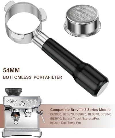 54mm Bottomless Portafilter, Espresso Accessories for Breville Barista Series BES870/878/880 Machines & Sage Barista Espresso Machine, Stainless Steel Filter Basket and Premium ABS Handle (Black)