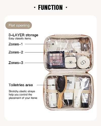 EACHY Travel Toiletry Bag with Hanging Hook, Portable Makeup Cosmetic Bags for Women, Water-Resistant Full-Size Travel Accessories (Pink)