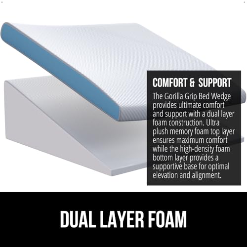 GORILLA GRIP Bed Wedge Ergonomic Sleeping Pillow, Soft Dual Layer Memory Foam, Stay in Place Dots, Breathable, Headboard Triangle Sleep Support for Reading Acid Reflux Anti Snoring, 10in White Gray