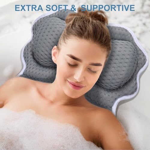 SetSail Bath Pillow, Relaxing Bath Pillows for Tub Neck and Back Support Soft 4D Breathable Air Mesh Ergonomic Bathtub Pillow with 6 Strong Suction Cups and Hook Luxury Bathroom Accessories,Grey
