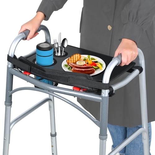 HOOMTREE Walker Tray for Folding Walker, Mobility Table Trays for Walkers for Seniors with Cup Holder,Walker Trays for Rolling Folding Walker,Walker Accessories for Elderly (Black Without Pockets)