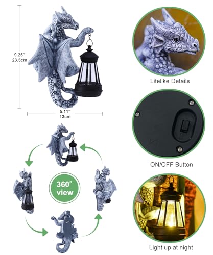 Fashionoda Dragon Tree Hugger with Solar Lantern - 9.3 Inch Resin Dragon Statue for Outdoor Garden Decor - Ideal Halloween Dragon Gifts & Birthday Gifts for Grandma Mom Women