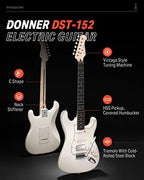 Donner Electric Guitar, DST-152 39" Electric Guitar Starter Kit HSS Pickup Coil Split, with Amp, Bag, Accessories, Polar White