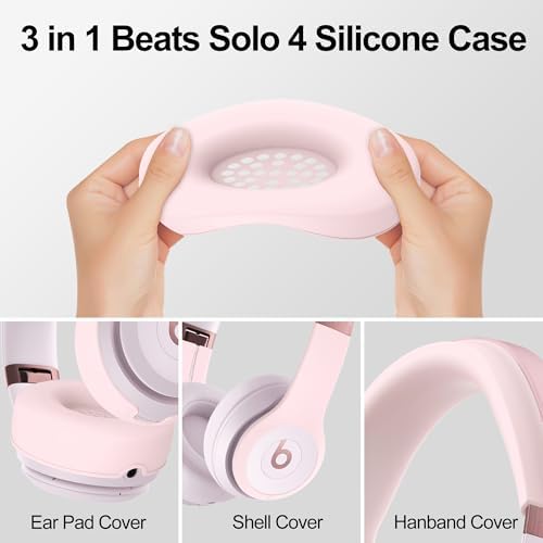 【3 in 1】 Silicone Case for Beats Solo 4 Headphones, Protective Silicone Covers for Beats Solo 4 Shell/Ear Pad/Headband Cover, Accessories Silicone Skin Protector for Beats Solo 4 - Pink