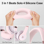 【3 in 1】 Silicone Case for Beats Solo 4 Headphones, Protective Silicone Covers for Beats Solo 4 Shell/Ear Pad/Headband Cover, Accessories Silicone Skin Protector for Beats Solo 4 - Pink