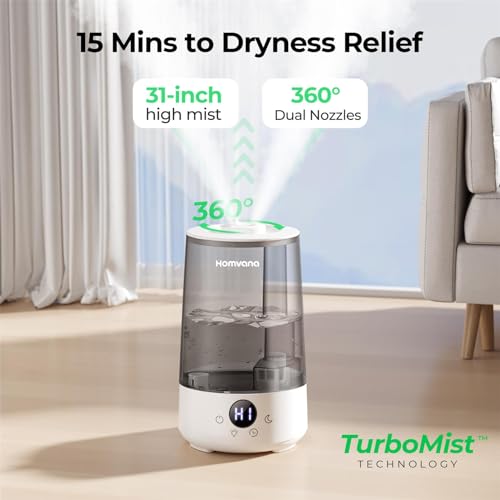 Homvana Humidifiers for Bedroom Home, 3.6 L Cool Mist Top-Fill 34H Super Long Time, Quiet 16dB, Baby Humidifier, Oil Diffuser for Large Room, Plants, Nursery, Office BPA FREE, 7 Color Light Ultrasonic