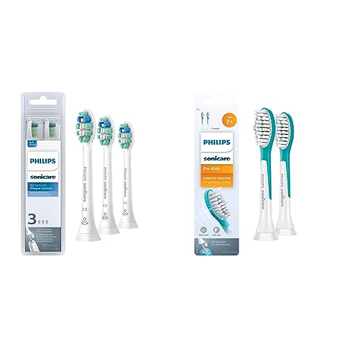 Philips Sonicare Genuine C2 Optimal Plaque Control Toothbrush Heads, 3 Brush Heads, White, HX9023/65 & for Kids 7+ Genuine Replacement Toothbrush Heads, 2 Brush Heads