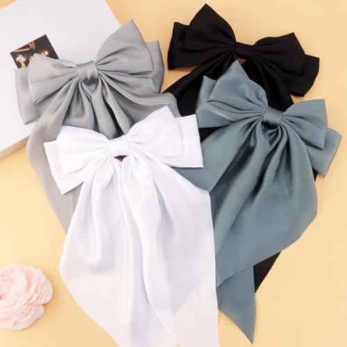Velscrun Hair Bows for Women Girls 4Pcs White Silky Hair Bow Navy Blue Satin Large Coquette Bow Grey Big Hair Bows Clip Oversized Hair Ribbons Long Tail Black Bow Hair Barrettes Hair Accessories Gifts