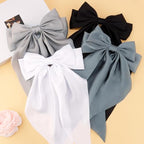 Velscrun Hair Bows for Women Girls 4Pcs White Silky Hair Bow Navy Blue Satin Large Coquette Bow Grey Big Hair Bows Clip Oversized Hair Ribbons Long Tail Black Bow Hair Barrettes Hair Accessories Gifts