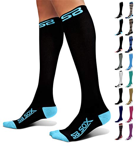 SB SOX Compression Socks (20-30mmHg) for Men & Women – Best Compression Socks for All Day Wear, Better Blood Flow, Swelling! (Large, Black/Blue)