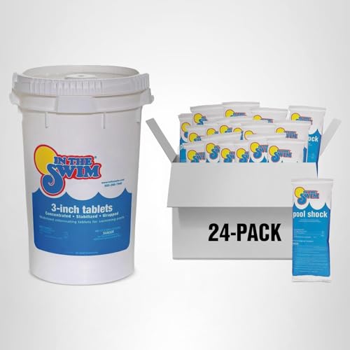 In The Swim Chlorine and Shock Bundle for Sanitizing Swimming Pools – Includes 25 Pound Bucket of 3 Inch Stabilized Chlorine Tablets and 12 x 1 Pound Bags of 68% Cal-Hypo Pool Shock