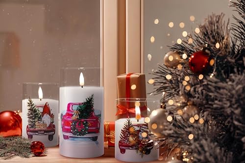 Eywamage Red Truck Glass Christmas Flameless Candles with Remote, Flickering Battery Operated LED Pillar Candles Set of 3