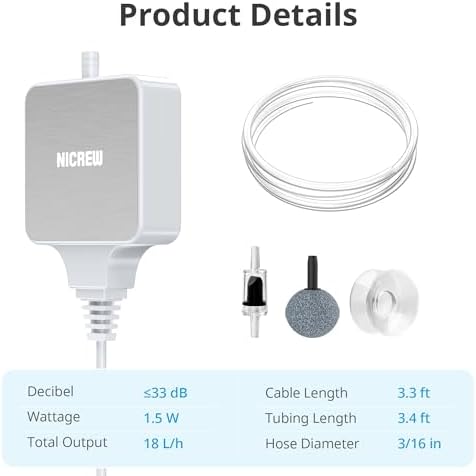 NICREW Nano Silent Aquarium Air Pump White, Aquarium Aerator with Accessories for Up to 10 Gallon Fish Tank, Super Quiet, 0.3 L/min, 1.5 Watts