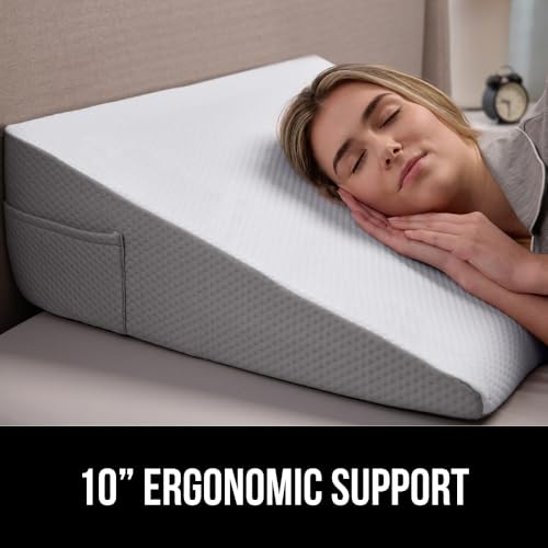 GORILLA GRIP Bed Wedge Ergonomic Sleeping Pillow, Soft Dual Layer Memory Foam, Stay in Place Dots, Breathable, Headboard Triangle Sleep Support for Reading Acid Reflux Anti Snoring, 10in White Gray