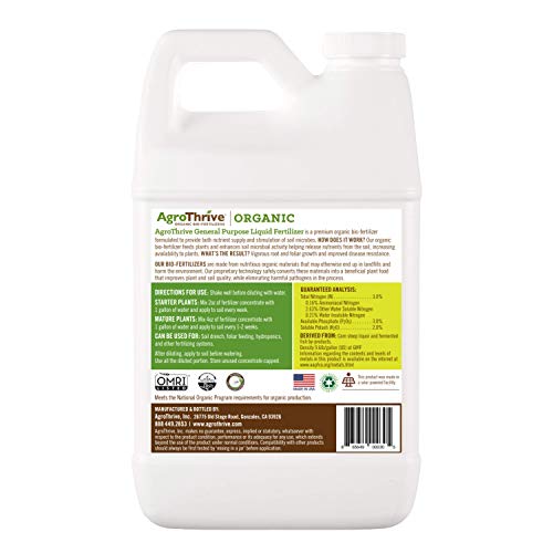 AgroThrive All Purpose Organic Liquid Fertilizer - 3-3-2 NPK (ATGP1064) (64 oz) for Lawns, Vegetables, Greenhouses, Herbs and Everything Else that Grows