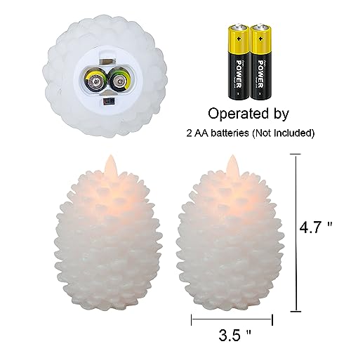 Wondise Pine Cone Flameless Flickering Candles with Remote and Timer, Set of 2 Battery Operated LED Candles Real Wax Christmas Home Decoration Candle(3.5 x 4.7 Inches, White)