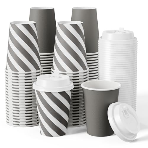 JOLLY CHEF 100 Pack 12 oz Paper Coffee Cups, Disposable Printed Drinking Cups with Lids for Home, Business, Restaurant and Cafe(Stripes and Grey)