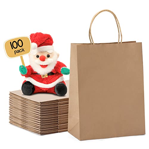 METRONIC Paper Gift Bags 8x4.75x10.5 100Pcs Brown Paper Bags with Handles Bulk, Kraft Paper Bags for Small Business, Birthday Wedding Party Favor Bags, Christmas Gift bags, Retail shopping Bags
