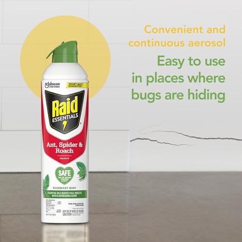 Raid Essentials Ant, Spider & Roach Killer Aerosol Spray, Child & Pet Safe, Kills Insects Quickly, for Indoor Use, Rosemary Mint Scent, 10 fl oz