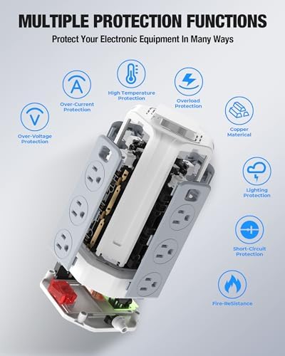 Power Strip Surge Protector, 10 Ft Extension Cord with 12 AC Multiple Outlets 4 USB (1 USB C), SMALLRT Power Tower Desktop Charging Station, Home Dorm Room Office Essentials, Desk Accessories White