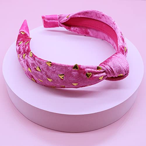 FROG SAC Pink Heart Headband for Girls, Studded Knotted Valentines Day Headbands for Kids, Cute Stud Knot Vday Head Bands, Little Girl Velvet Hair Accessories, Fashion Hair Bands for Children