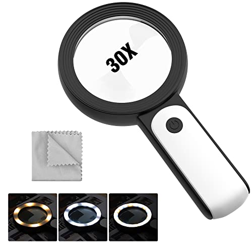 MOKO Magnifying Glass with Light, 30x Handheld Large Magnifying Glass 18LED 3 Modes Illuminated Lighted Magnifier for Elderly Kids Reading, Magazines, Coin, Jewelry, Exploring Inspection, Black