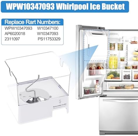 Upgraded WPW10347093 W10347093 W10347100 Ice Bucket Compatible with Whirlpool Maytag KitchenAid Refrigerator Ice Maker Replacement Parts WRF736 WRF757 WRF767 WRF989 KFIS29 KRFF507 Removable Ice Bin