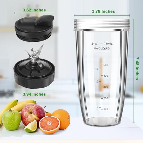 Blender Replacement Parts for Ninja, 24oz Ninja Blender Cup Replacement with To-Go Lid & 7-Fins Extractor Blade for Nutri Ninja Blenders BL2012 NN100-30 BL480-30 BL640-30 BL642-30 BN801 3pcs