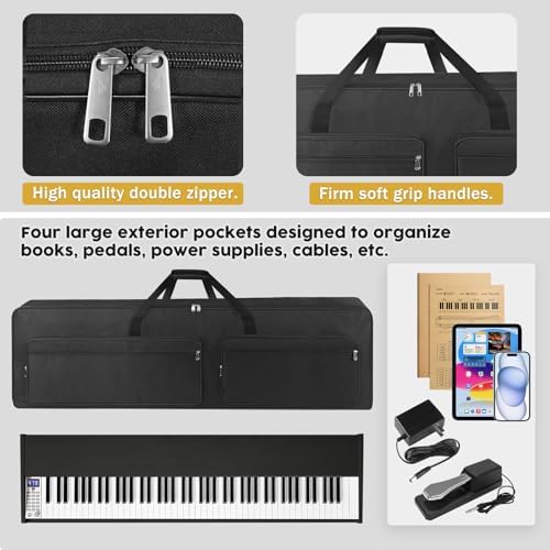 88-Key Keyboard Case – Full Padded Piano Gig Bag with Adjustable Shoulder Straps, 4 Storage Pockets for Accessories, 53.9" x 7.1" x 14.6" (Black)