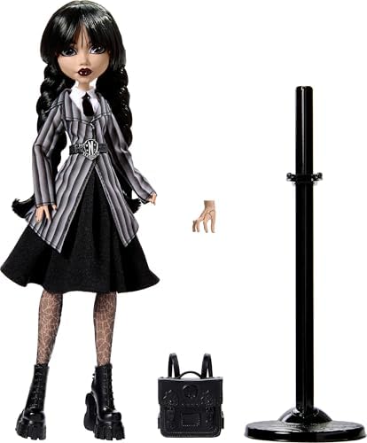 Monster High Wednesday Doll and Accessories, Wednesday Addams Collectible in Nevermore Academy Uniform with Thing and Backpack, Doll Stand