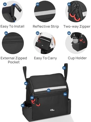 JOYTUTUS Wheelchair Bag, Wheelchair Backpack, Wheelchair Accessories Bag with Cup Holder, Storage Bag with Reflective Stripe and Shoulder Strap for Walker Rollator (14.6 * 13.8 * 5.5 in)